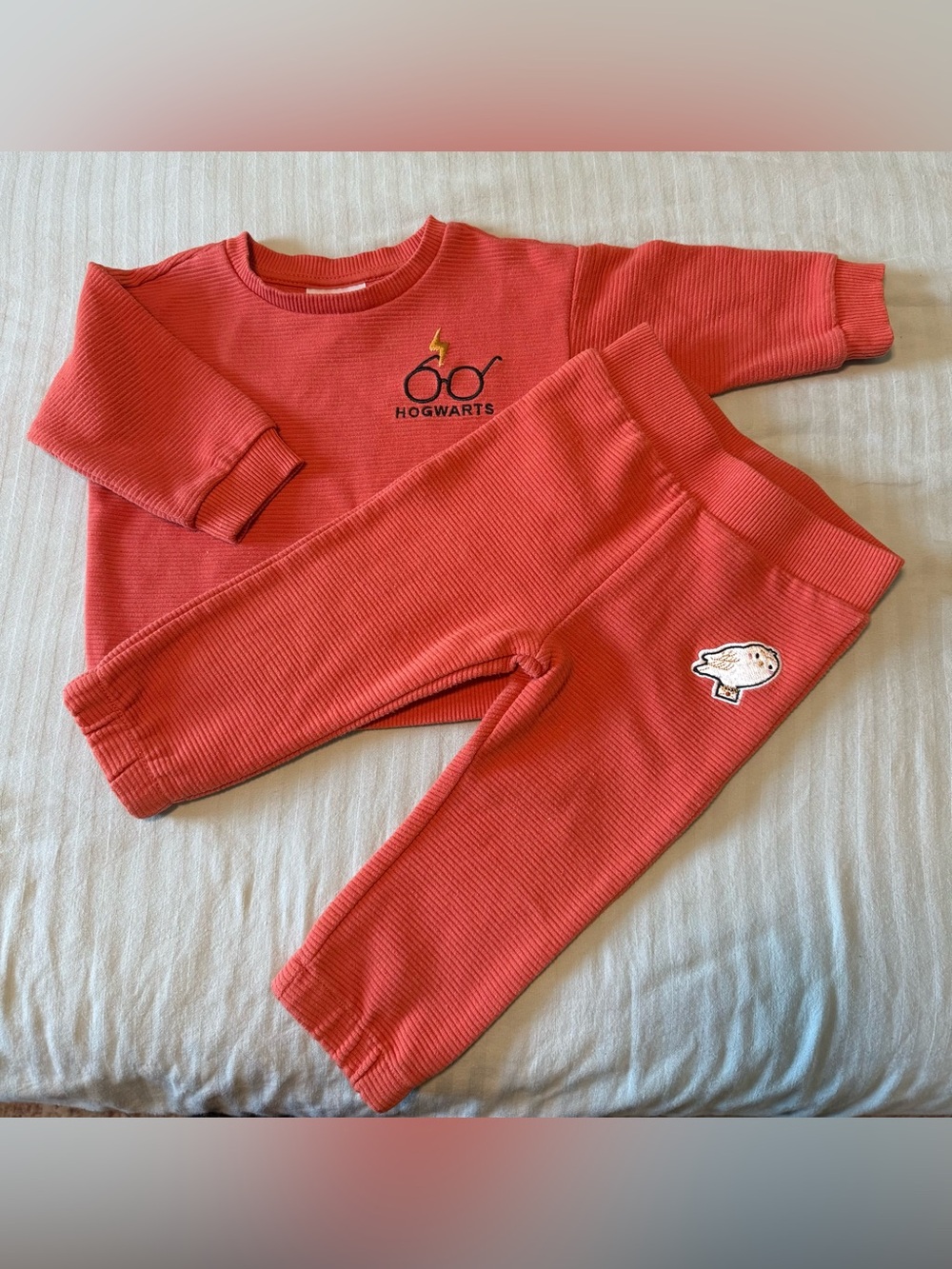 Harry Potter Baby 2 Piece Outfit 12M Hogwarts Hedwig Sweatshirt Pants Red Orange